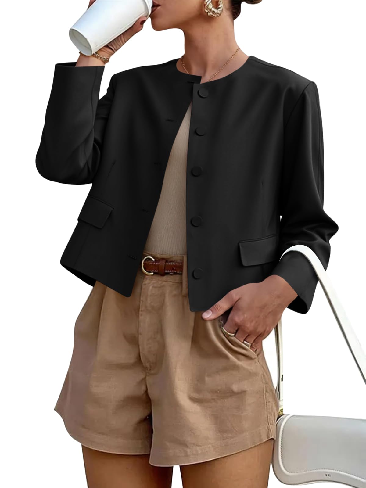 Photo 1 of Cicy Bell Womens Balloon Long Sleeve Blazer Cropped Collarless Button Down Suit Jackets Business Casual Fall Outerwear Black