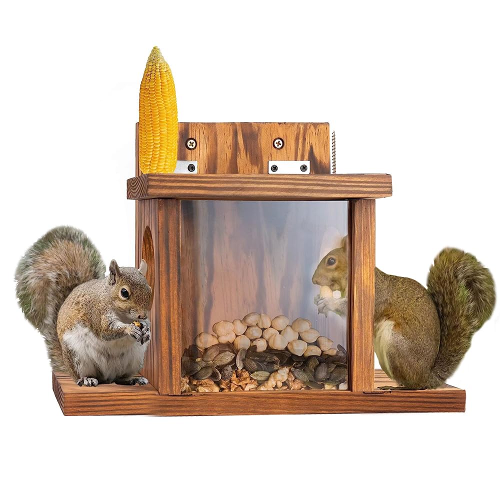 YANGUN Wooden Squirrel Feeder House, Large Capacity Squirrel Feeding Station with Corn Cob Stand and Flexible Roof, Chipmunk Feeding Station for Squirrels