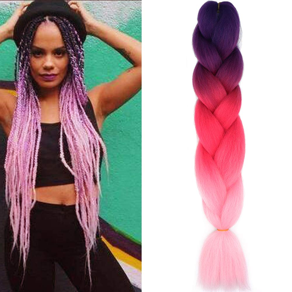 24" Braiding Hair Extension Jumbo Braids Synthetic Crochet Hair Afro Box Braid Heat Resistent (Purple&Rose Red&Pink)