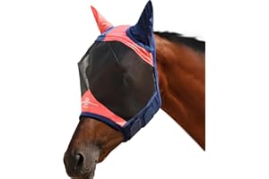 Harrison Howard Pro Luminous Horse Fly Mask Large Eye Space Half Face with Ears UV Protection for Horse Coral Orange/Navy L