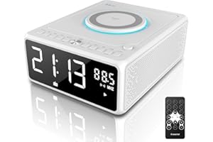 G Keni CD Player Dual Alarm Clock Radio, Bluetooth Boombox with Remote, 10W Fast Wireless Charging, Digital FM Radio, MP3/USB Music Player, Snooze & Sleep Timer, Dimmable Mirror LED Display for Home