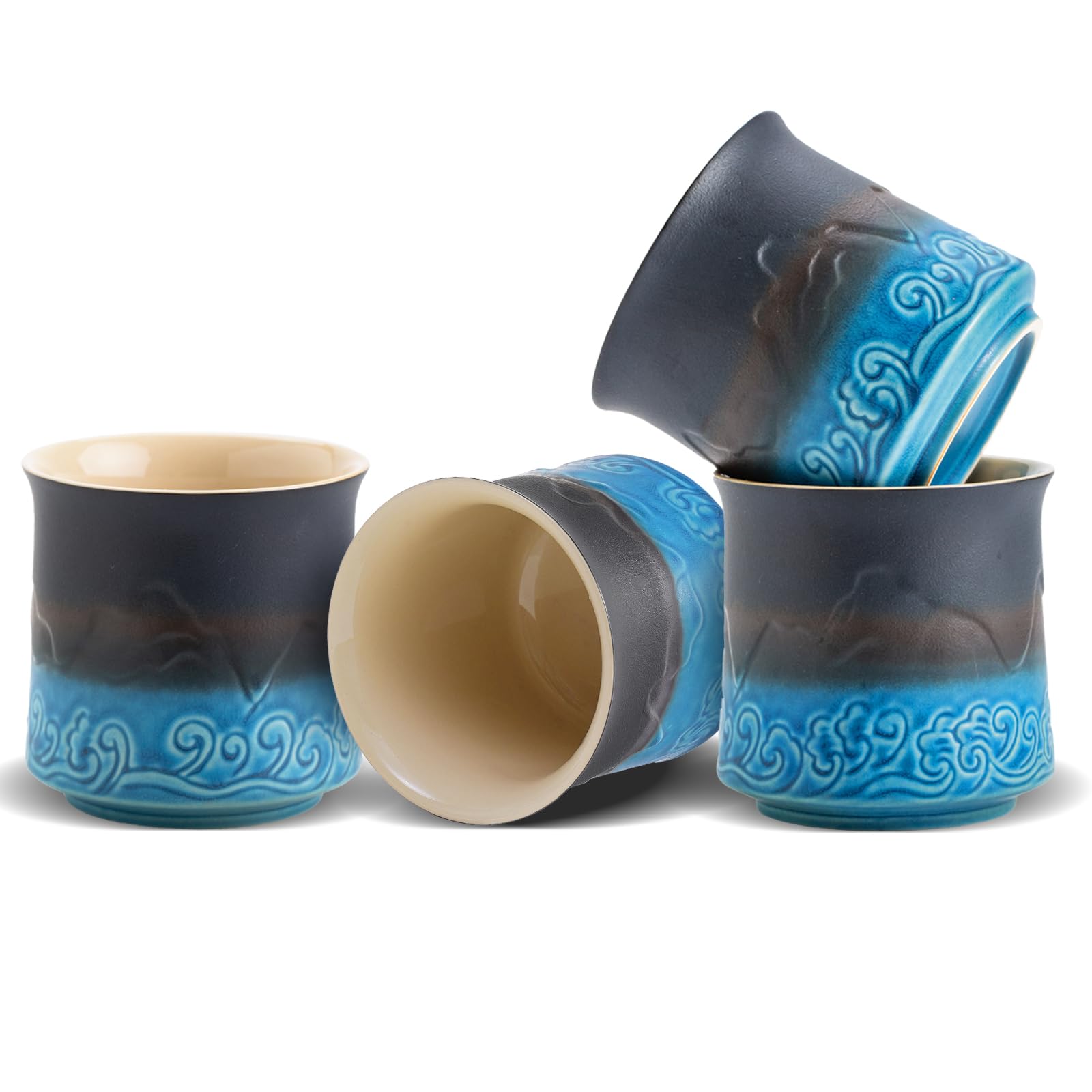 ZENS Japanese Tea Cups Set of 4, 240ml Gradient Embossed Ceramic Asian Tea Cups, Handless, Black Blue