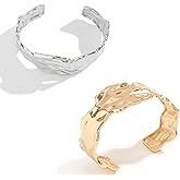 2 Pcs Metal Big Open Chunky Silvery Gold Cuff Bracelets for Women，Vintage Gold Statement Bracelet Chunky Hammered Bangle Bracelets.Trendy Minimalist Stackable Open Bangle Bracelet.