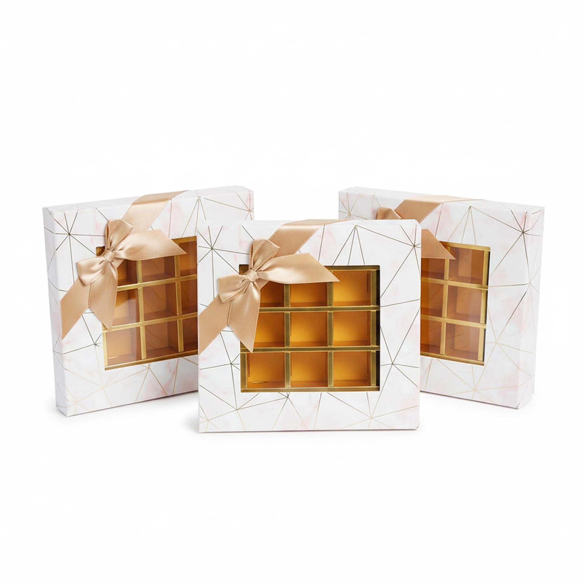 Emartbuy Set of 3 Rigid Luxury Square Shaped Presentation 25 Compartments Truffle Chocolate Gift Box, Pink Marble Print, Window Lid, Removable Inner Partition and Beige Satin Bow