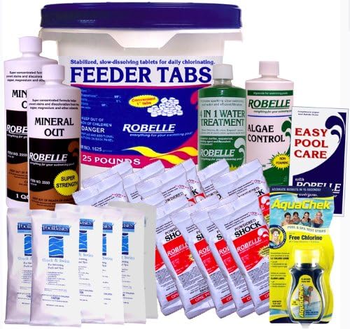 Robelle 1" Chlorine Feeder Tabs, Clarifier, Mineral Out, Algaecide, Shock, Clarifier Swimming Pool Chemical Kit For Pools Up To 20,000 Gallons