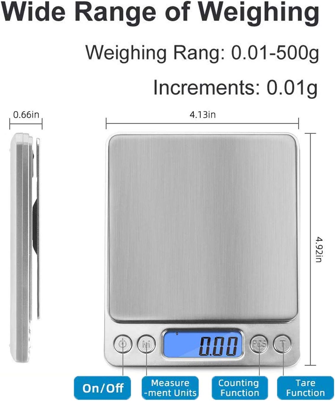 JOYIT Digital Kitchen Scale 500g/0.01g - Stainless Steel Cooking Food Scale, Coffee Scale with 2 Trays, LCD Display, Auto Off: Industrial & Scientific