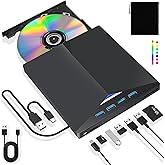 Lychee External CD DVD Drive with USB Ports TF/SD Card Slots 8 in 1 USB 3.0 Type C DVD/CD ROM Reader Burner Portable External