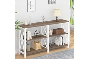 IBF Farmhouse Entryway Table, Wood TV Console Table, Long Rustic Metal Sofa Table, Industrial Hallway Table with Storage Shelves, Modern Foyer Tables for Front Entry Way, White and Rustic Oak, 55 in