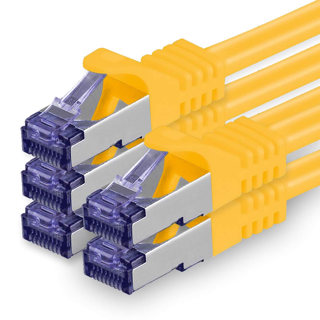 1aTTack.de Cat.7 network cable 0.25m - yellow - 5 pieces - Cat7 patch cable (SFTP/PIMF/LSZH) raw cable 10 Gb/s with Rj 45 connector Cat.6a - 5 x 0.25 meters yellow