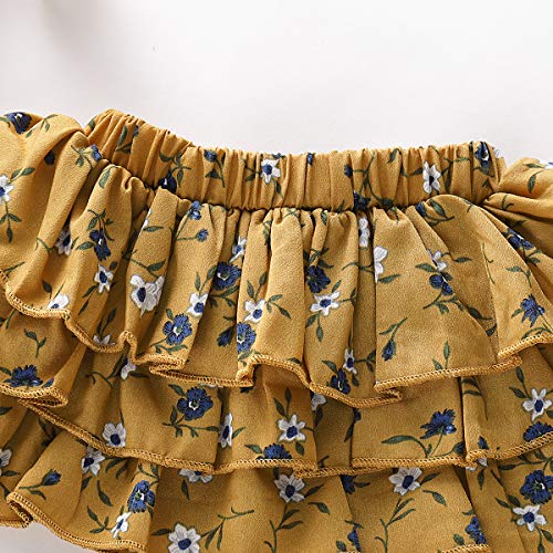Toddler Baby Girl Yellow Floral Ruffles Off-Shoulder Crop Top + Tutu Shorts Skirts with Bow Belt Clothes Set (Floral Yellow, 18-24 Months)