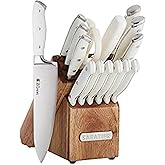 Sabatier 15-Piece Forged Triple Rivet Knife Block Set, High-Carbon Stainless Steel Kitchen Knives, Razor-Sharp Knife set with Acacia Wood Block, White Handles