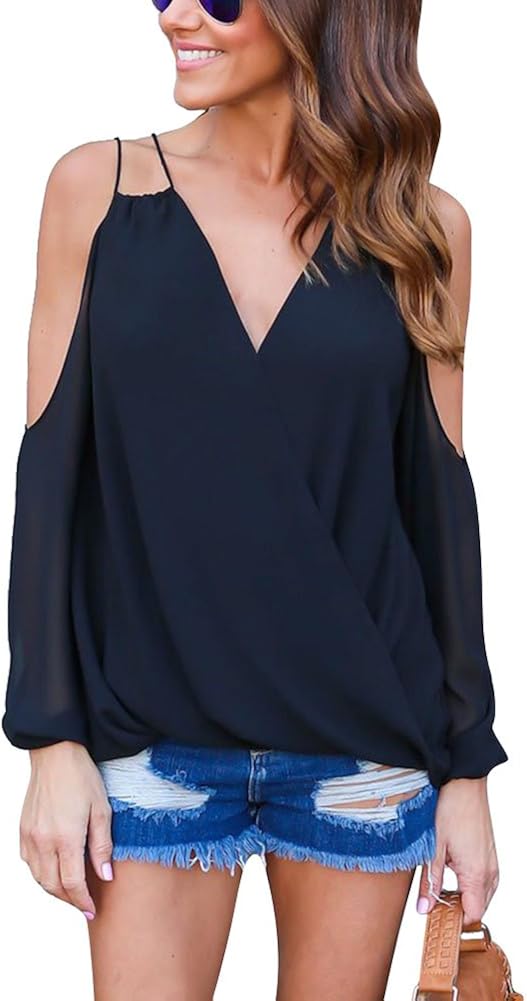 Women's V Neck Tops Long Sleeve Blouse Casual Shirt Solid Color Amazon