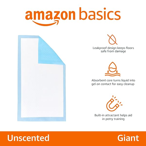 AMAZON BASICS LEAKPROOF DOG AND PUPPY PEE PADS WITH 5-LAYER QUICK-DRY SURFACE FOR POTTY TRAINING, STANDARD ABSORBENCY, GIANT, 27.5 X 44INCH, PACK OF 40, BLUE & WHITE