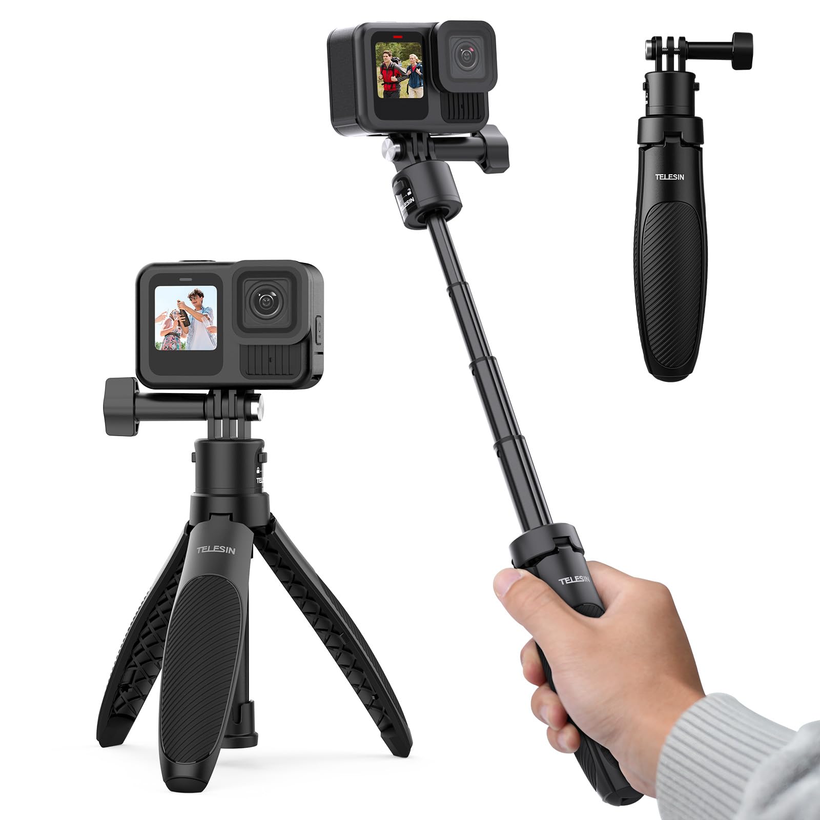 TELESIN 40cm/15.75'' Selfie Stick Tripod, Quick Release Portable Vlog Camera Selfie Stick Handle Grip Monopod for GoPro 13 12 11 10 Max/Insta360 X5/AKASO/DJI Osmo Action 6 5 pro Osmo Nano Accessories