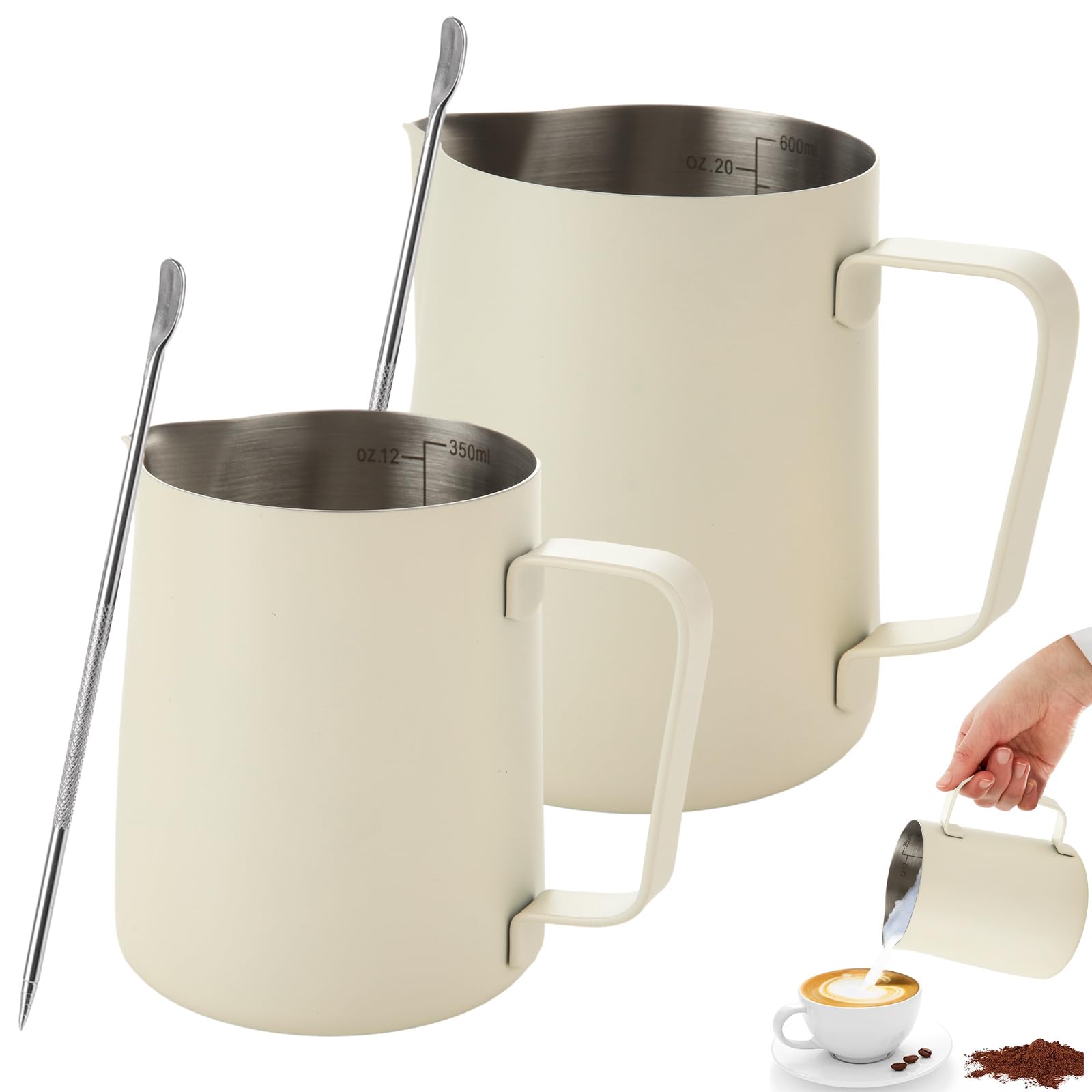 GBACHOOSE 2 Pack Milk Frothing Pitcher, 350ml/600ml Espresso Steaming Pitcher with Measurements, Stainless Steel Milk Frothing Jug with Art Pen for Milk Coffee Cappuccino Latte