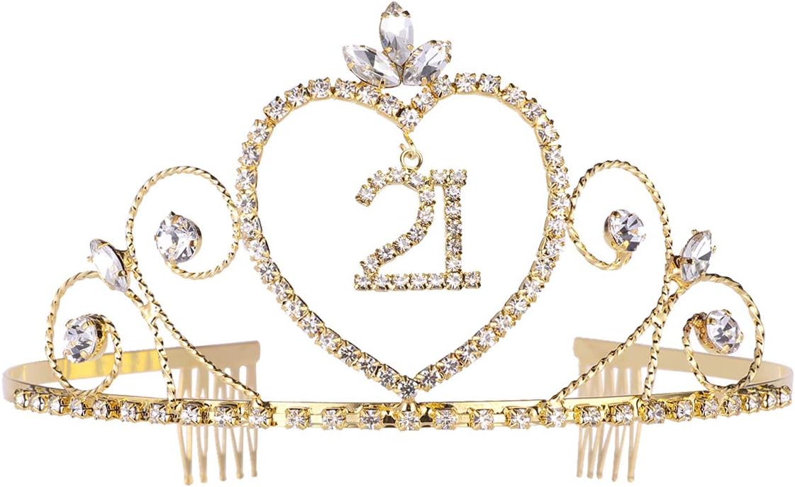 21 Birthday Crown with Hair Comb Rhinestone Princess Tiara Happy Birthday Crowns 21st BirthdayParty Supplies (Golden)