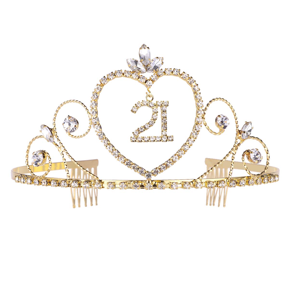 21 Birthday Crown with Hair Comb Rhinestone Princess Tiara Happy Birthday Crowns 21st BirthdayParty Supplies (Golden)