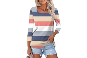 ROKIACDE 3/4 Length Sleeve Womens Tops,Basic Striped Tshirts Shirts Summer 2024 Gym Blouse Plus Size Athletic Tunic Top