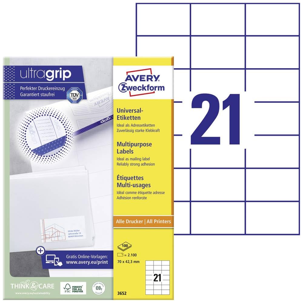 Avery Zweckform 3652 Address Labels A4 Matte Paper 2,100 Labels 70 x 42.3 mm Pack of 100 Sheets White — image 1