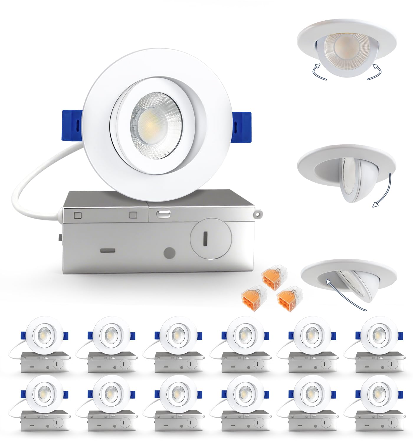Photo 1 of Aosclex 3 Inch 5CCT Gimbal LED Recessed Lighting with Jbox, 360°+90° Adjustable Directional Downlight, Dimmable Eyeball Canless Recessed Lights, 7W 800LM, 2700K-5000K Selectable, ETL (White, 12 Pack)