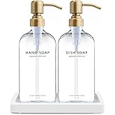 Vine Creations Glass Soap Dispenser Set, Kitchen Soap Dispenser Set with Ceramic Tray, 16 oz Dish Soap and Hand Soap Dispense
