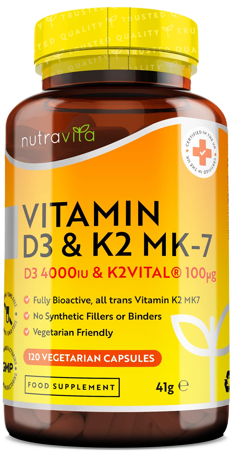 Vitamin D3 4000 IU & Vitamin K2 100ug MK7 (K2VITAL®) - Clinically Proven Ingredients – Max Strength - 120Capsules – Supports Normal Immune System – Cholecalciferol & Menaquinone-7 – Made in The UK