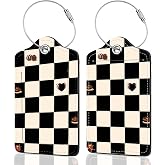 2Pack Luggage Tags for Suitcases, Cute Unique Pu Leather Cruise Luggage Tag with Privacy Cover ID Label Address Card and Metal Ring Suitable for Women Men Kids Travel Bag Beige Black Plaid