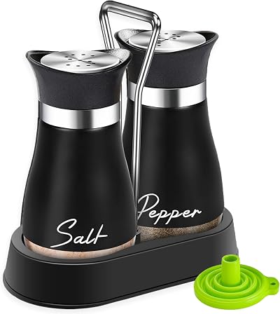 UDQYQ Salt Pepper Shakers Set w/ Holder Stainless Steel Glass Refillable Kitchen