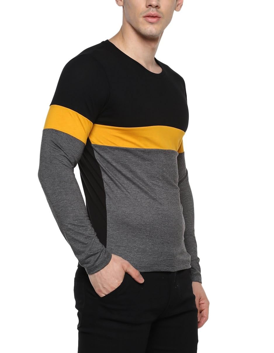 urbano fashion men's black, yellow, grey round neck full sleeve cotton t-shirt