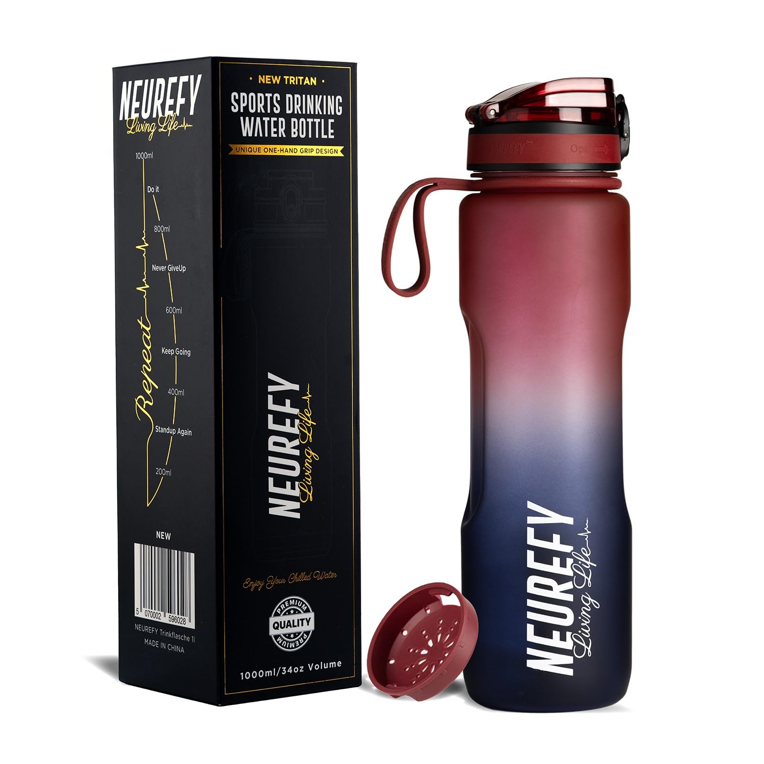 NEUREFY Sports Water Bottle 1L Red N Blue Tritan - Leak-Proof & Easy-Grip Design, BPA-Free - Motivation Bottle with Strainer - Backpack-Friendly with a Lid lock, Gym Bottle, Outdoor, Office or School