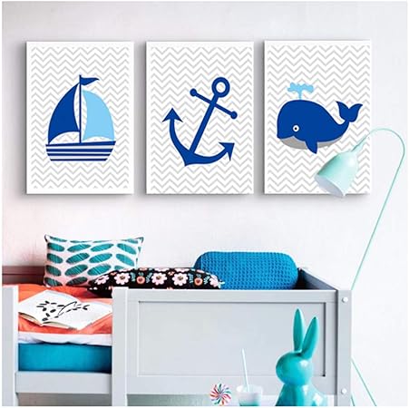 Impressions Sur Toile Peinture Bleu Marine Voilier Baleine Ancre