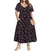 CARCOS Plus Size Dresses for Curvy Women Tie Sweetheart Neck Summer Maxi Dress Short Sleeve Empire Waist Floral Boho Dress