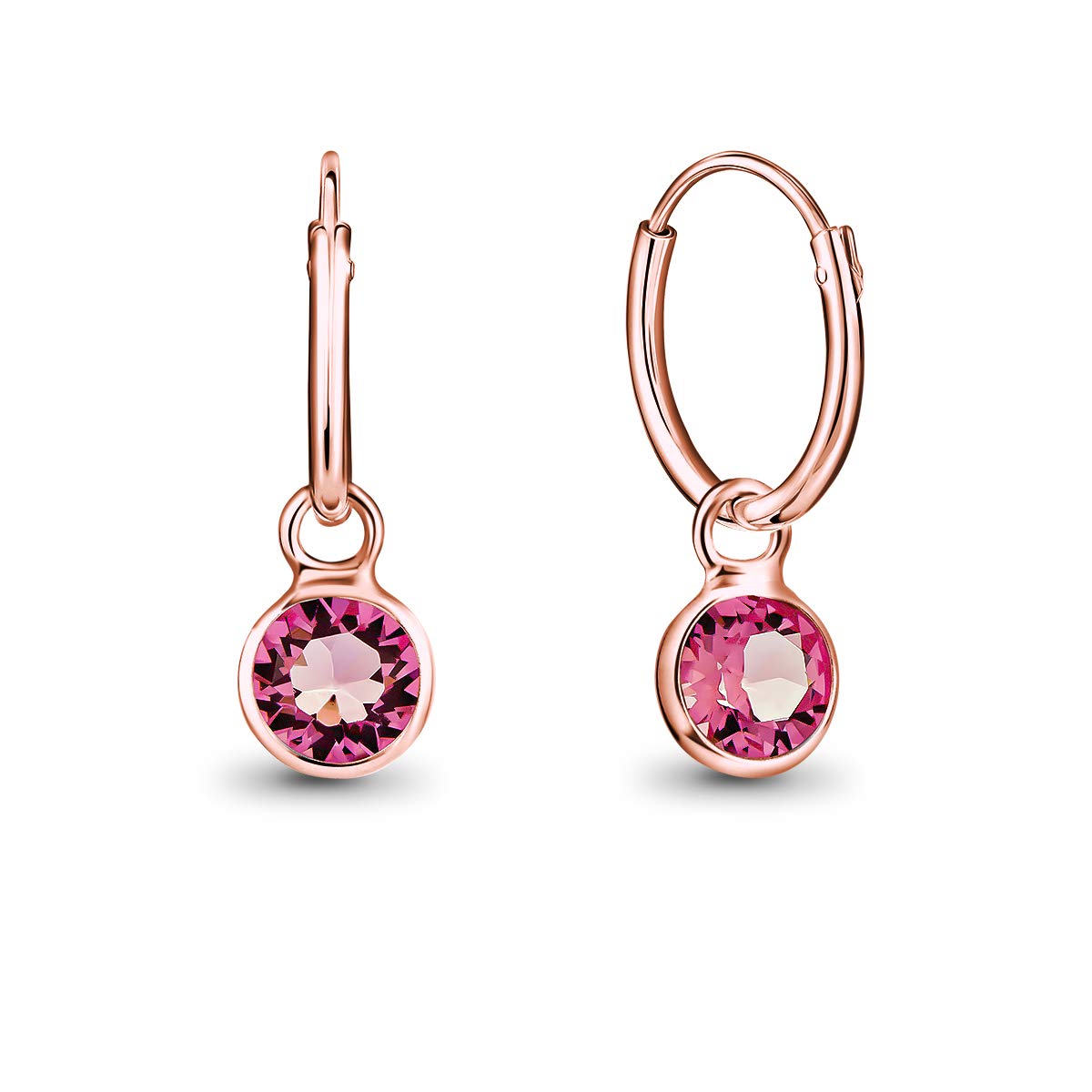 DTPsilver® 925 Sterling Silver Rose Gold Plated SMALL Hoops Earrings - Dangling 5 mm Round Glittering Crystals from Swarovski® Elements - Diameter 12 mm - Colour: Rose