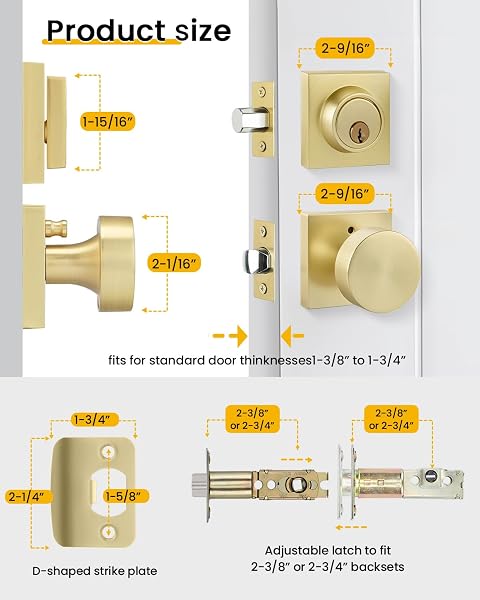 GOLDENWARM 2 PACK BRUSHED GOLD DOOR KNOB WITH DEADBOLT, CONTEMPORARY GOLD DOOR KNOBS EXTERIOR WITH DEADBOLT ZINC-ALLOY HEAVY DUATY BRASS FRONT DOOR KNOB AND DEADBOLT SET