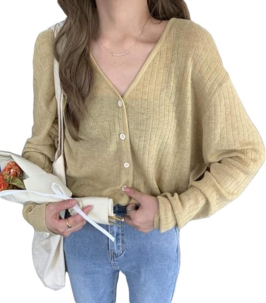 Amazon Qyyニットカーディガン レディース 長袖 カーディガン Vネック 薄手 羽織り ゆったり ベーシック アウター シンプル 無地 リブ ニットセーター 春 秋 トップス イエロー カーディガン ボレロ 通販