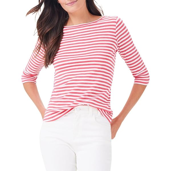 NIC+ZOE Women's 3/4 Sleeve Stripe Boat TEE, Pink Multi at Amazon