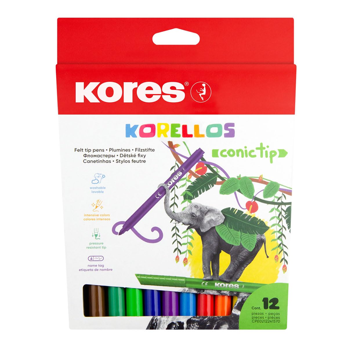 KORES - Korellos -12 Coloured Felt Pens - Washable, Conic Tip, Long-Lasting - School Supplies, Back to School Supplies, Colouring Felt Tip Pens - Set of 12 in Assorted Colours