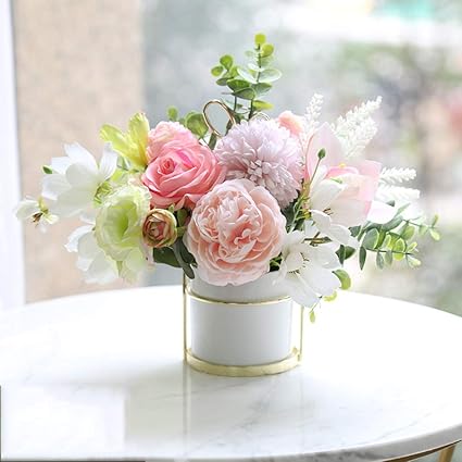 Amazon Ge Yobby 人工シルクブーケ アレンジメントフラワー ミニ リアルなバラインスタイル フェイクフラワー モダンな花瓶付き ホームコーヒーテーブル用 C 23x21cm 9x8インチ 造花 オンライン通販
