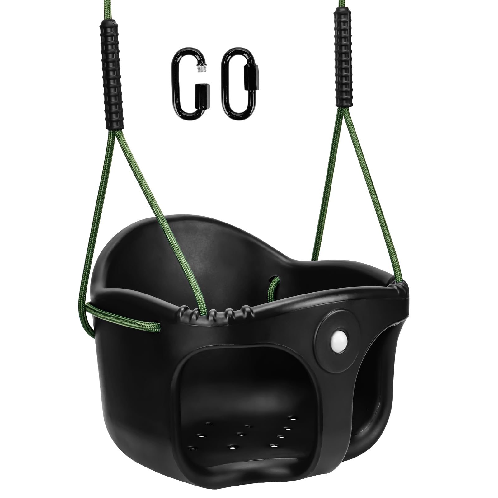 Baby Swing Seat, Childrens Replacement Swing Seat with Adjustable Rope and 2 Carabiners, Heavy Duty High Back Full Bucket Kid Swing Accessories Set for Garden Indoor Outdoor Backyard, Black