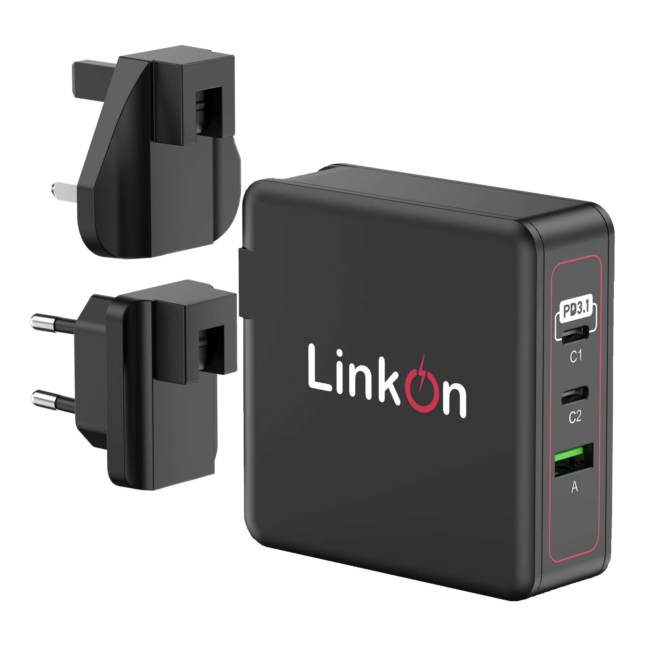 LinkOn Ganius 140W PD3.1 Wall Charger GaN Tech With 140W/100W USB-C and 20W QC3.0 USB-A 3-Port Compatible with MacBook Pro 2021 International Plugs