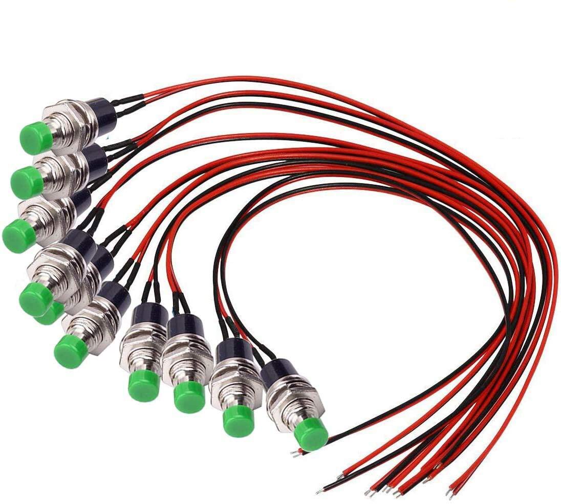 DONJON Momentary Push Button Switch,Mini Button Switch with Pre-soldered 20AWG Wires,SPST 2Pin ON/OFF Push Button Horn Switch for Car, PC, Table Lamp (10Pcs green)