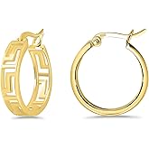 Hoops & Loops 925 Sterling Silver Greek Key Round Click-Top Hoop Earrings for Women, 15mm, 20mm | Silver, Yellow Gold, Rose Gold
