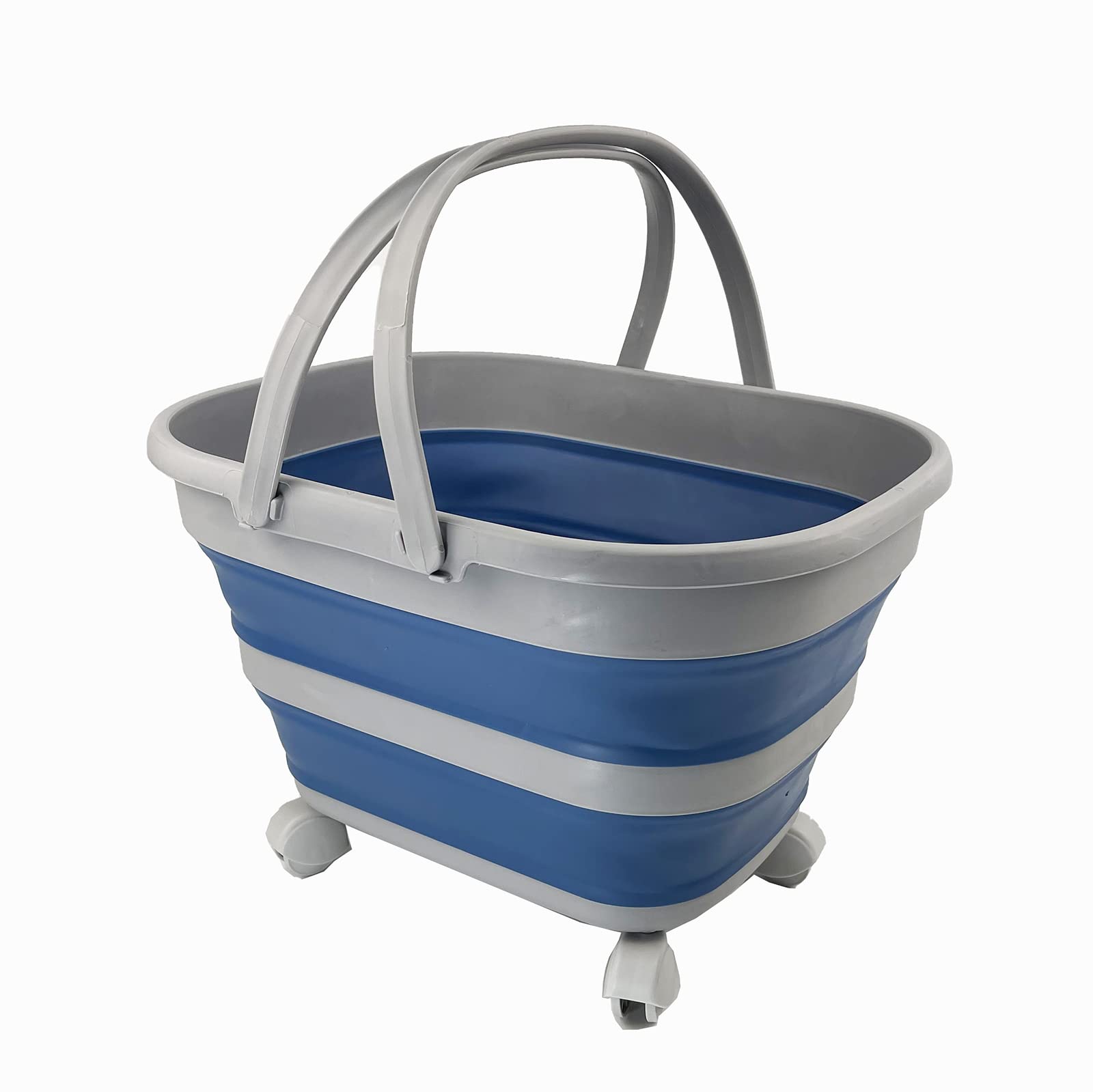 SAMMART 17L Collapsible Basket with Handle - Portable Outdoor Picnic Basket/Crater and 360˚ rotating wheels - Foldable Shopping Bag - Space Saving Storage Container (Grey/Mist Blue)