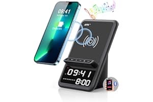 AFK Wireless Charging Station with Bluetooth Speaker and Alarm Clock,Wireless Charger Compatible with iPhone,Android Phones(Black)