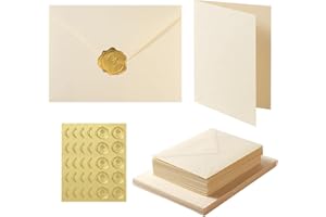 Acidea 50 Pack Ivory A6 Envelopes with Plain Cards, 120GSM Envelopes with 250GSM Folding Blank Cards and Gold Stickers, Perfe