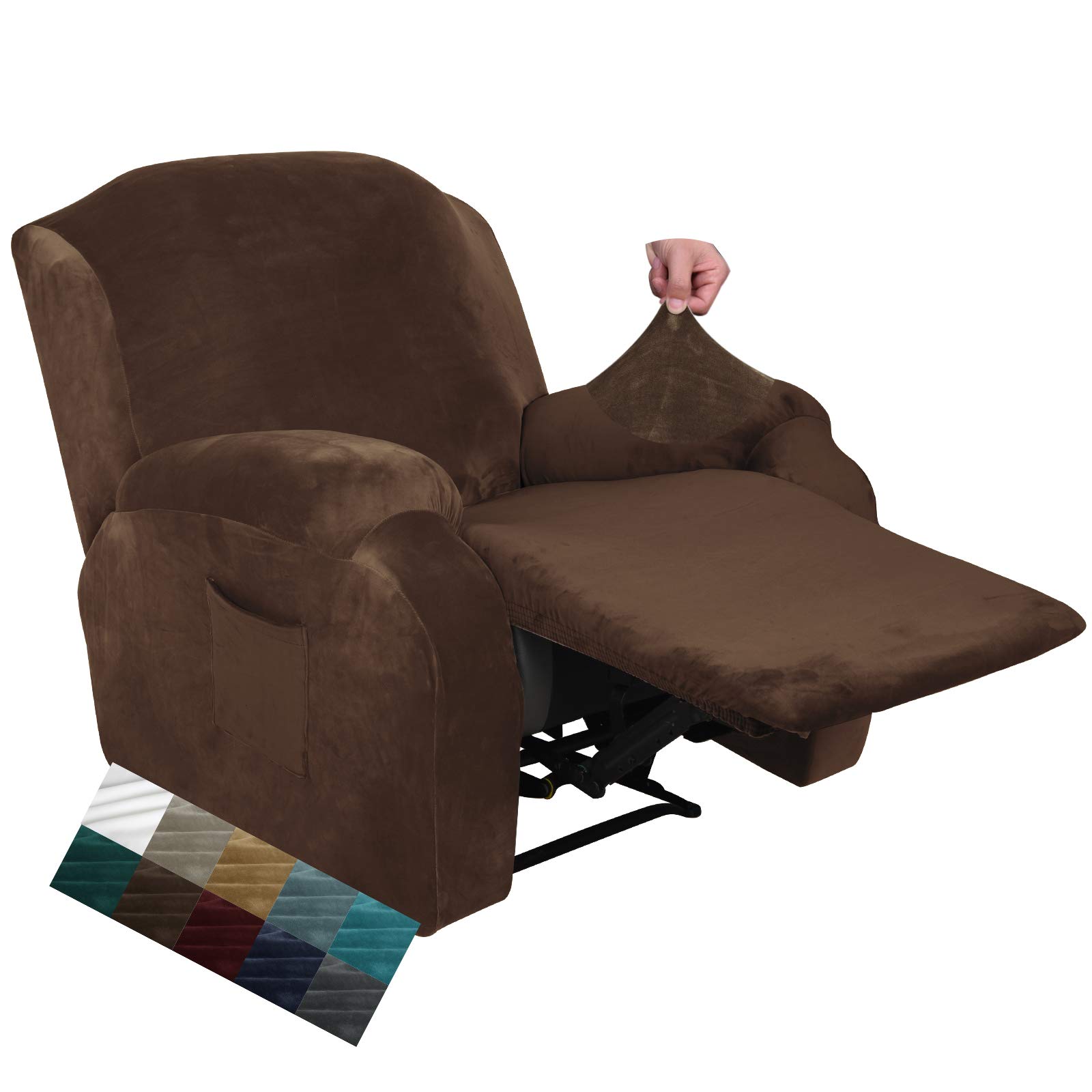 CHELZEN Velvet 4 Piece Recliner Cover Stretch Soft Cover for Recliner Chair Thick Soft Recliner Chair Slipcover (Recliner, Dark Coffee)