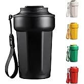 Trekio's 15fl oz Vacuum Insulated Stainless Steel Travel Mug - Leak Proof Coffee Tumbler with Handling Strap, BPA-Free Double Wall Thermal Bottle for Hot/Cold Drinks Black