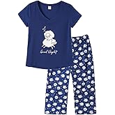 YIJIU Women Soft Comfy Pajamas Cute Cat Short Sleeve Capri Pants PJS Set