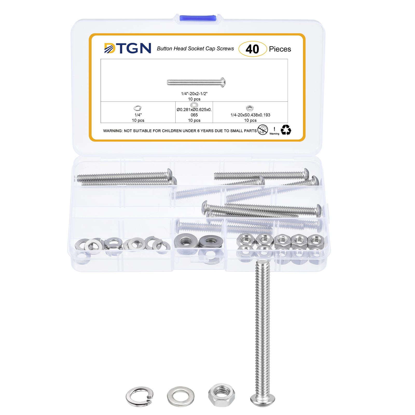DTGN 40Pcs 1/4-20x2-1/2" Button Head Socket Cap Screws - 304 Stainless Steel Bolt Nut Set Washer Assortment Kit - Good for Road Bicycle, Mountain Bike, Auto