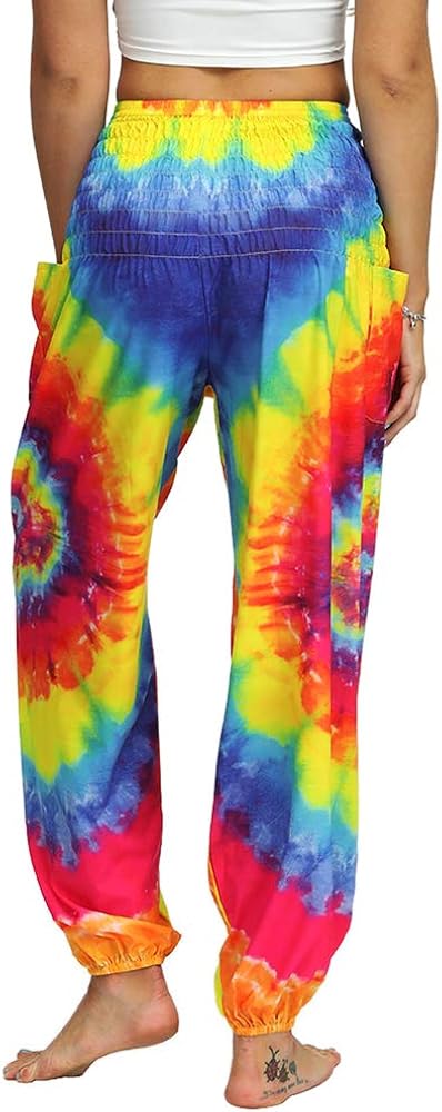 Nuofengkudu Women's Hippie Baggy Harem Trousers Smocked High Waist Soft Boho Print Colourful Yoga Pants with Pockets Lightweight Flowy Travel Holiday Summer Beach Party (Rainbow A - Image 4